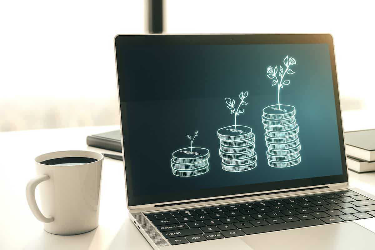 2025-02 From Super to Pension Creative abstract money savings sketch on modern laptop monitor, accumulation and growth of money concept.
